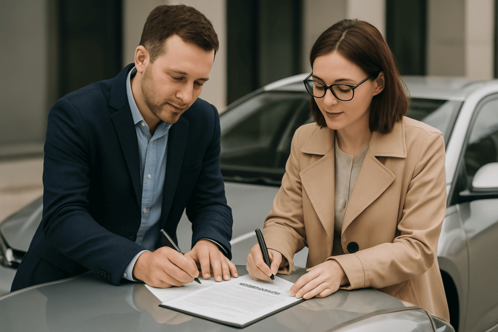 pessoas assinando os papeis do financiamento em cima do capo do carro